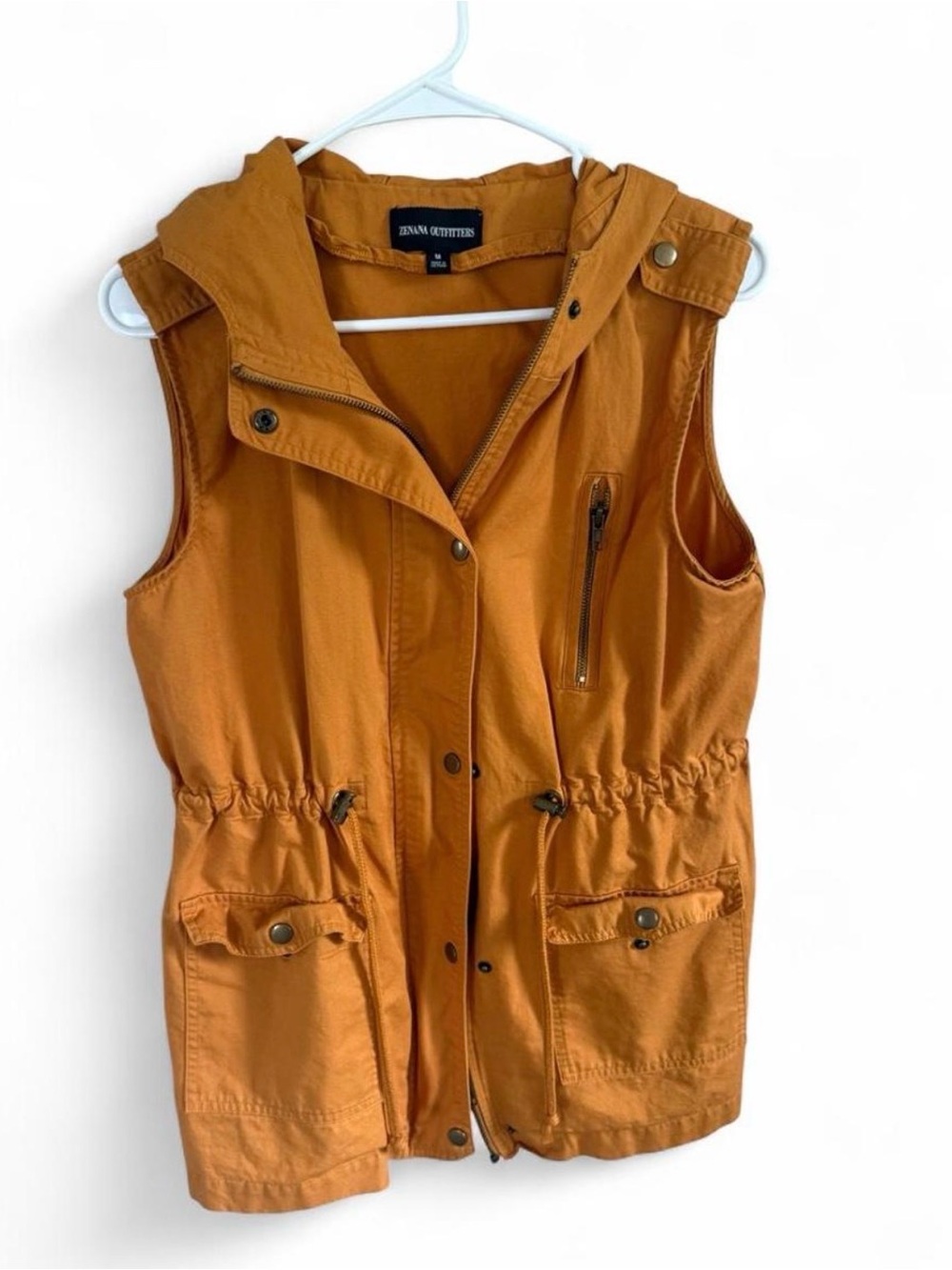 Zenana Outfitters Hooded Utility Vest in Mustard Orange